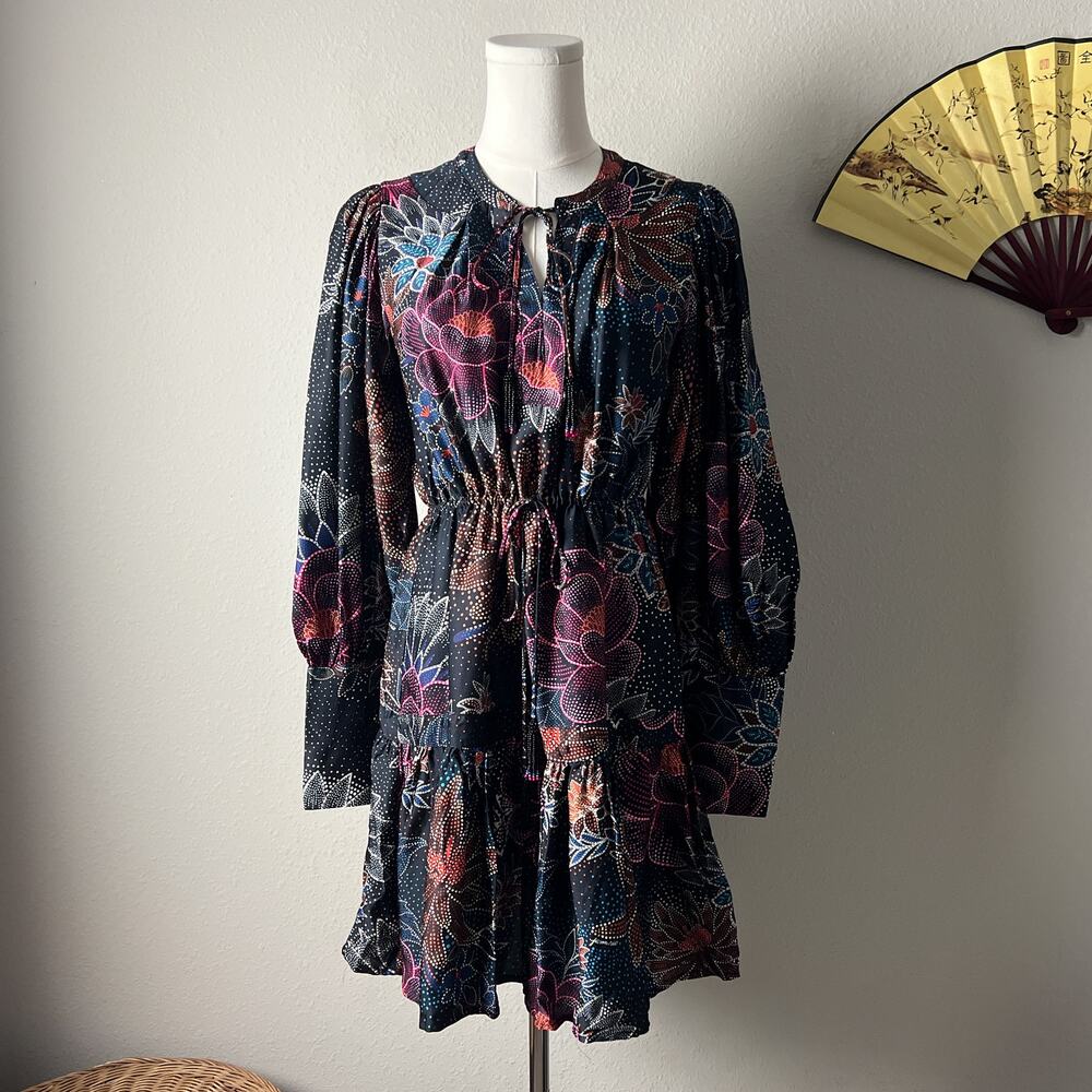 farm rio sparkle flowers black floral satin beaded tassel boho tie mini dress